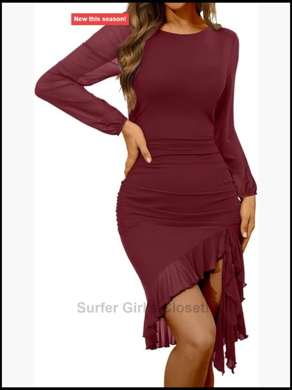 Bodycon Ruffle Hem Midi Cocktail Dress Long Sleeve Backless Ruched
